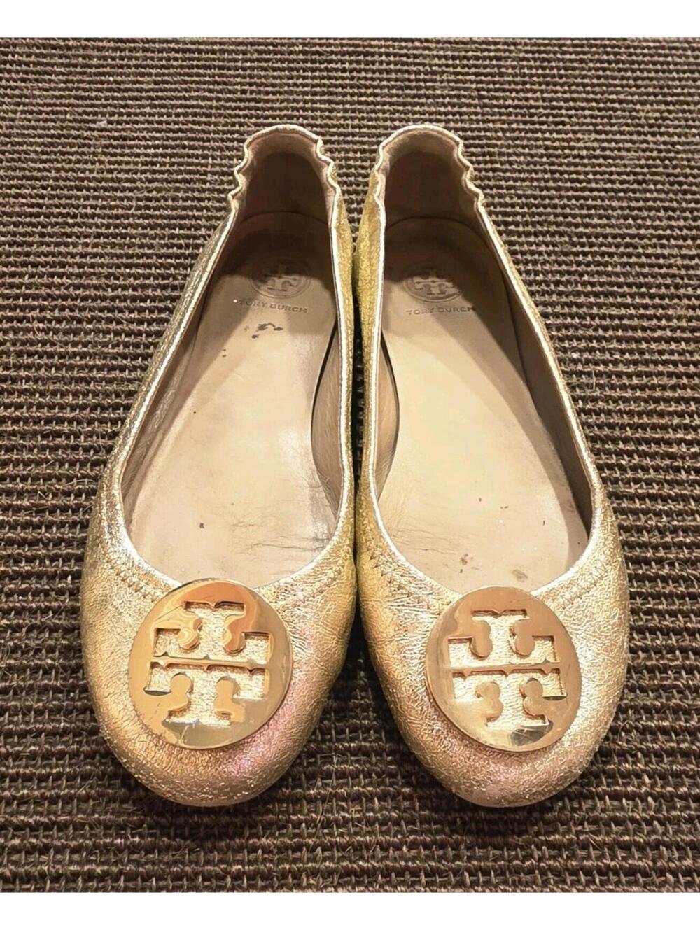 Tory Burch Gold Crackled Leather Reva Flats Sz 8M Read
